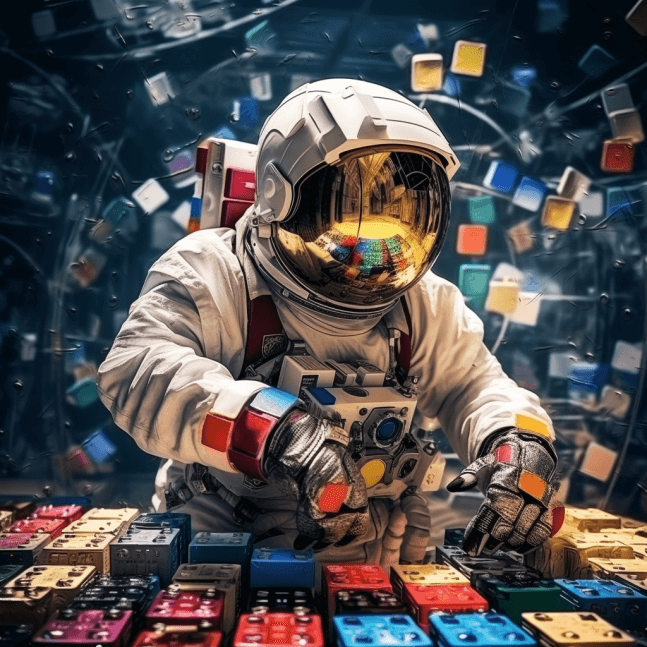 Astronaut solving cube shaped puzzles